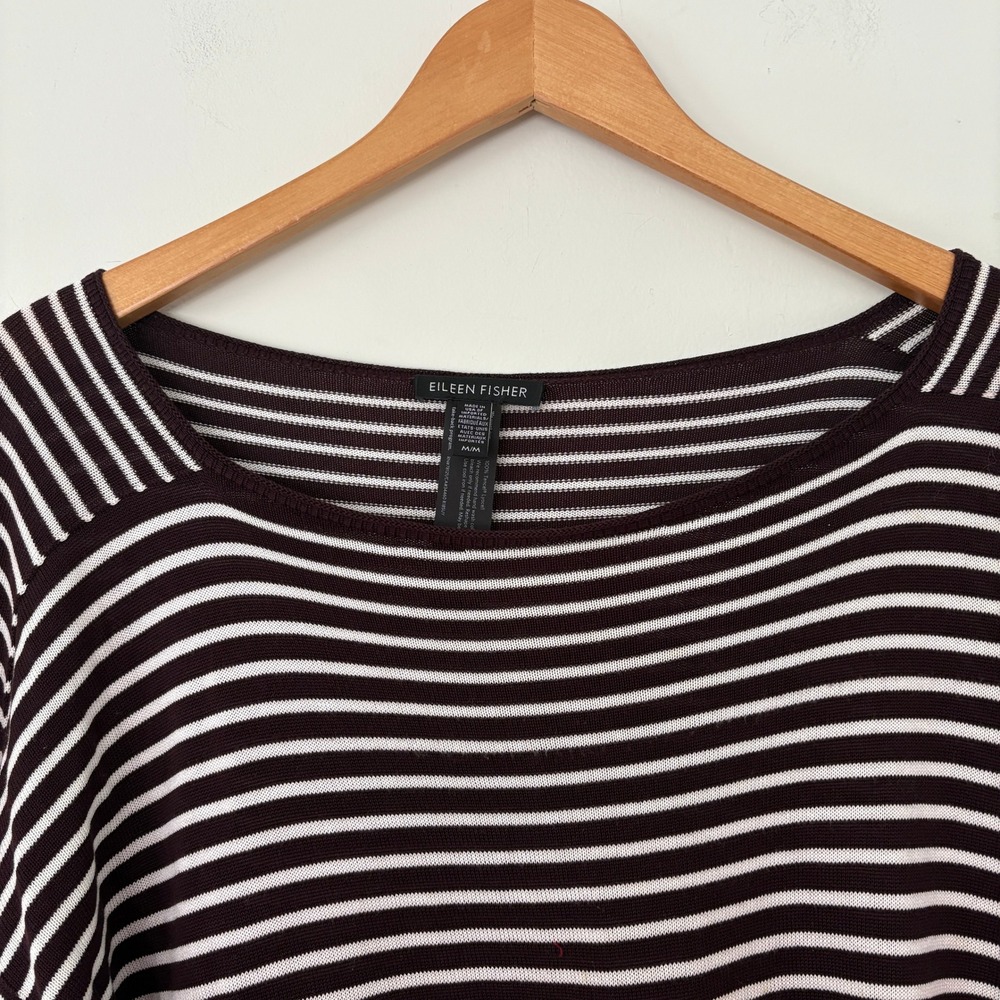 Eileen Fisher Brown White Striped Top Boat Neck Long Sleeve Knit Size Medium - Picture 7 of 8